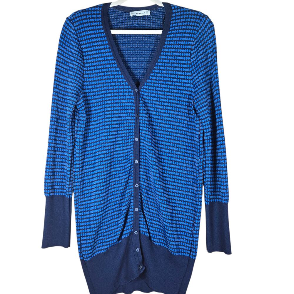 Zara Knit Cardigan Womens Large Tonal‎ Blue Long Line Sweater Ribbed Cuffs & Hem